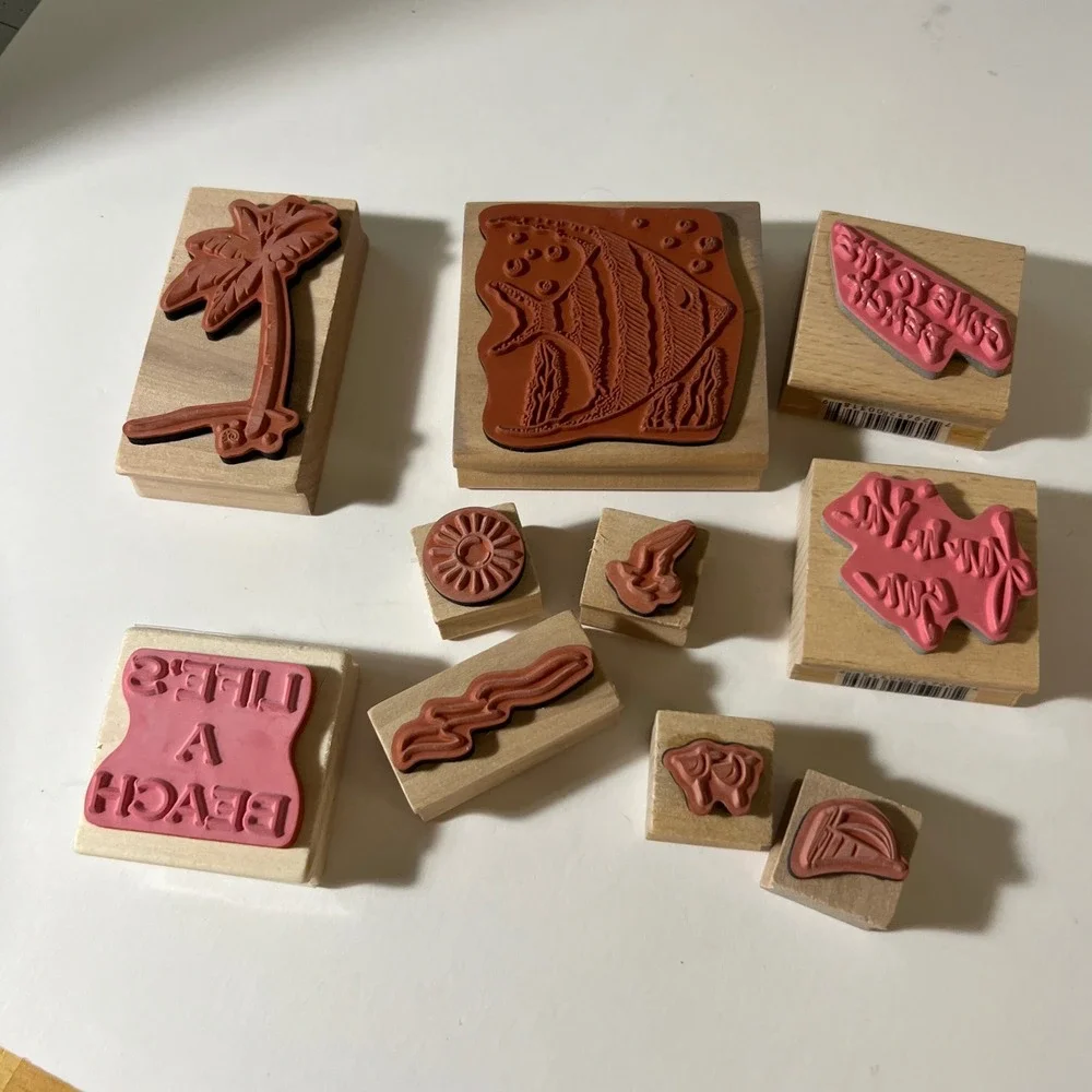 10pc Beach Tropical Wood Mounted Rubber Stamp Lot Palm Tree Fish Nautical Craft